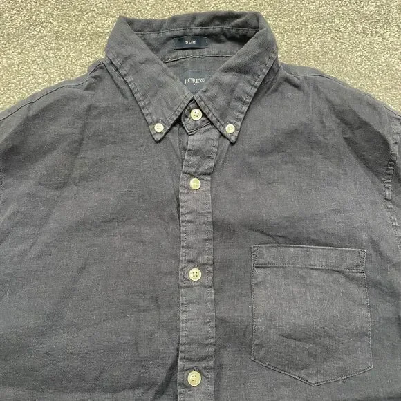 J.CREW Shirt Adult Medium Blue Slim Fit Plaid Linen Blend Short Sleeve Mens - Picture 2 of 9